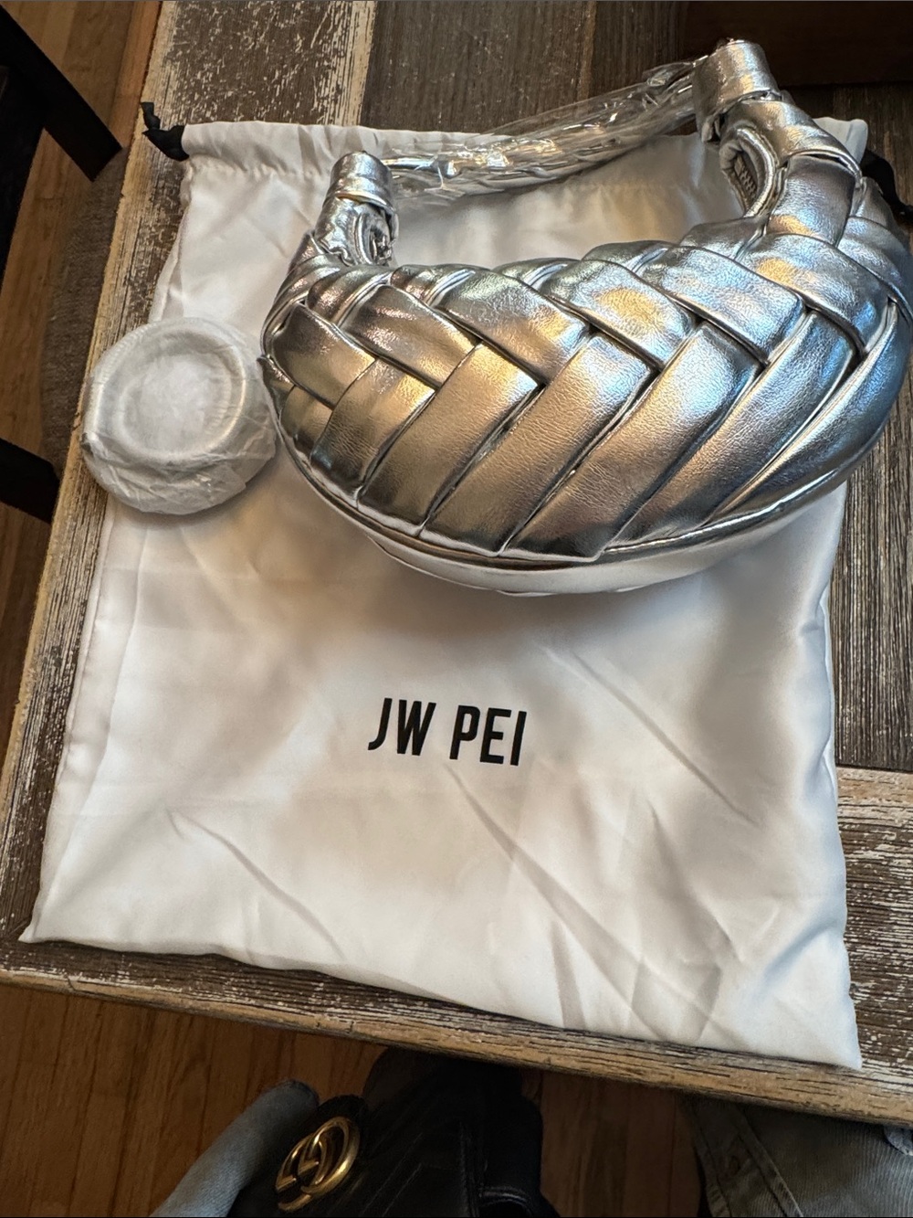 JW PEI Metallic Silver Woven Shoulder Hobo